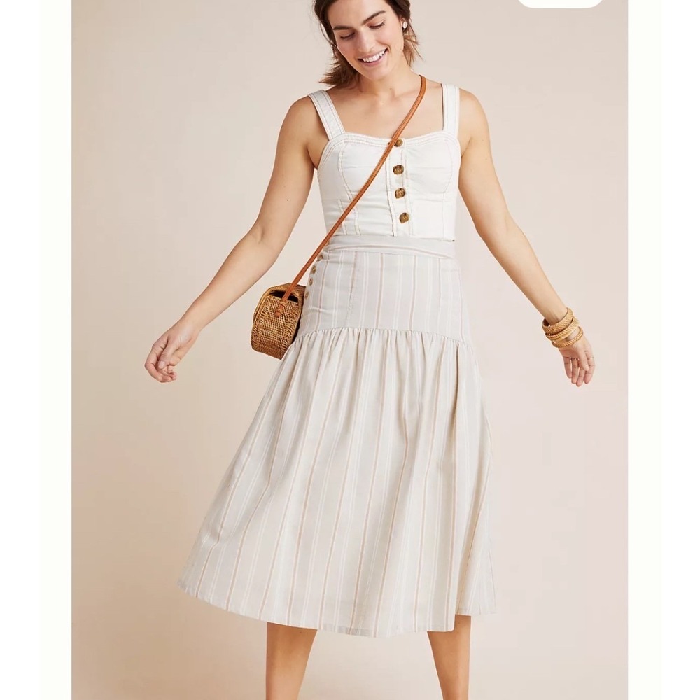 Anthropologie Evonna Striped Tiered Side Button Midi Skirt Beige White US 10